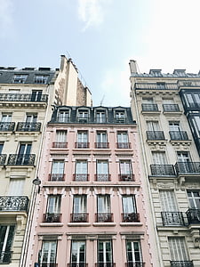 wit, roze, beton, residentiële, gebouwen, blauw, hemel