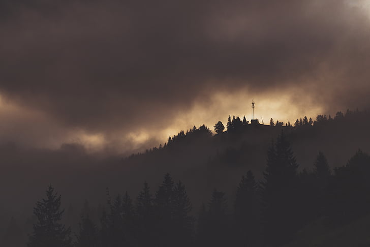 силует, фотография, гора, планински, диапазон, обхванати, мъгла