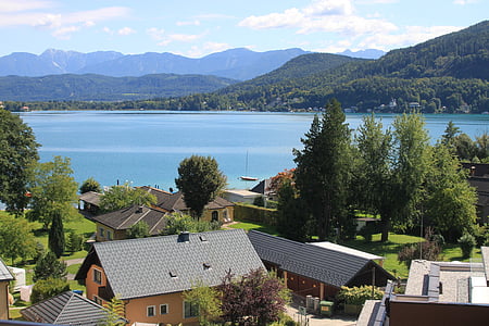 Wörthersee, Klagenfurt, Ausztria, tó, az Outlook, alpesi, víz