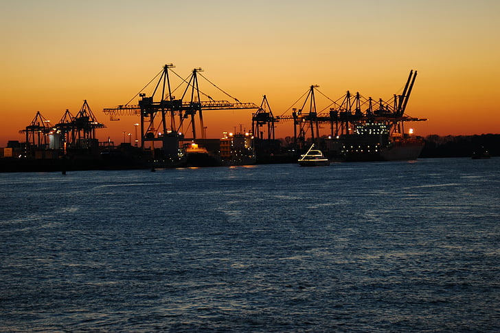 containerhamn, containerfartyg, hamn, fartyg, Elbe, Hamburg, solljus