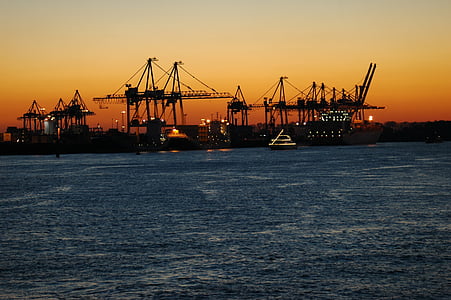 port à conteneurs, porte-conteneurs, port, navire, Elbe, Hambourg, lumière du soleil