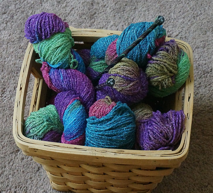 knitting basket, knitting, yarn, variegated, wool, knitting needles, colorful