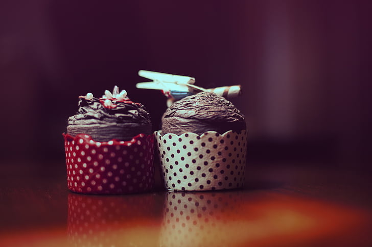 two, cupcakes, food, Chocolate, decorations, indoors, wrapped