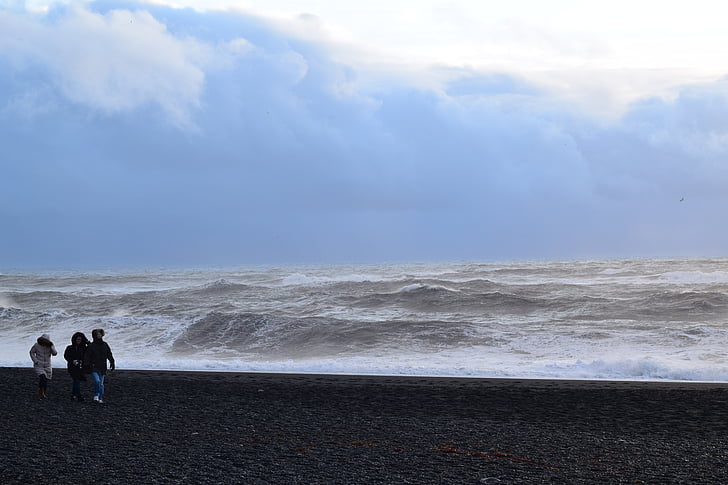 море, вълни, Исландия, черен плаж, разходка