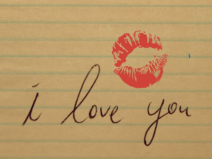 l'amor, Declaració d'amor, petó, llapis de llavis, paraules, tipus de lletra, han escrit