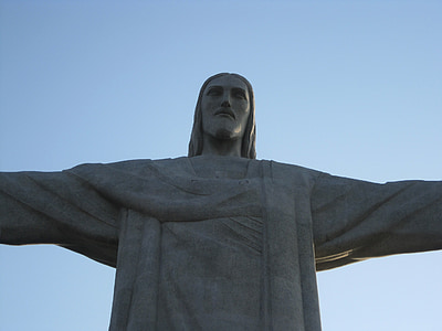 Христос, Исус, Изкупител, едър план, Рио де Жанейро, Бразилия, синьо небе
