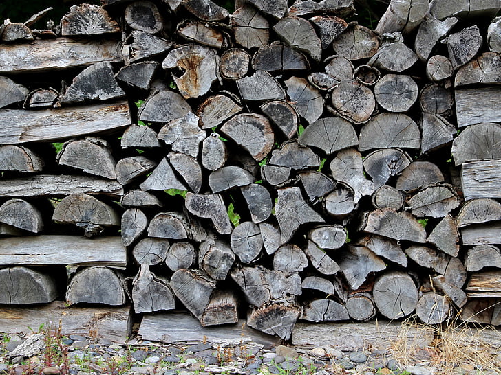 kayu bakar, kayu, lama, api unggun, di luar rumah, perapian, pohon tua