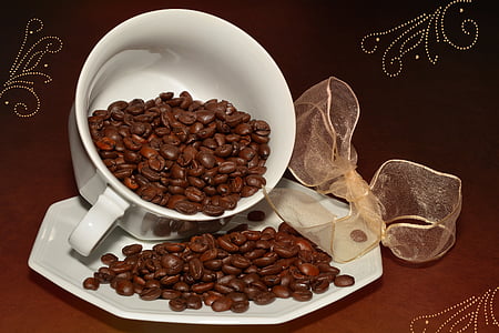 kávové zrná, pečené, šálka kávy, pohár, káva, Kofeín