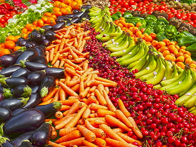 greengrocers, fruit, banana, bananas, shop, carrots, eggplant