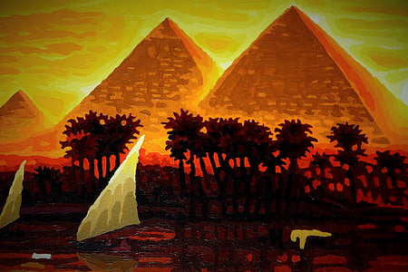 piramides, geschilderd, Egypte, schilderij, achtergrond, afbeelding, tekening
