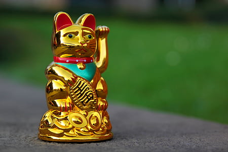 Maneki neko, gata agitando, Manekineko, onda, amuleto da sorte, Japonês, gato