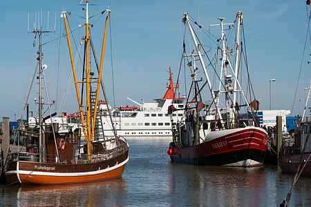 embarcacions, Portuària, vaixells, ferri, embarcacions de pesca, pal, reflectint