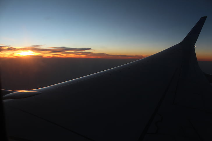 airplane, cabin, display window, fly, orange sky, sunset, sky