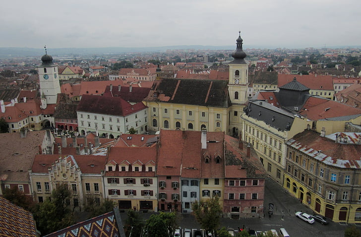 Сибиу, Трансилвания, Румъния, сгради, Стария град, панорама, облак