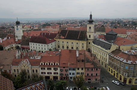 Sibiu, Transylvania, Rumania, bangunan, kota tua, Panorama, awan