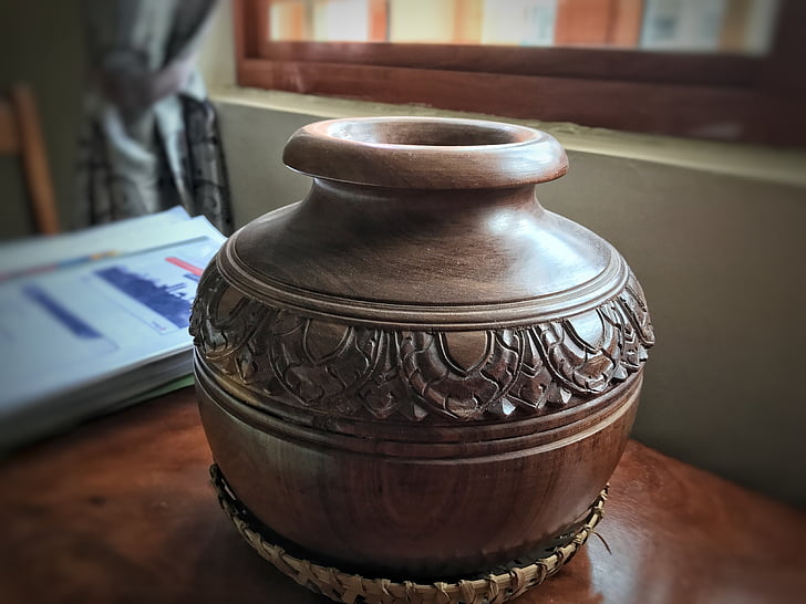 cambodian, kaorm, ornament, wooden, pot