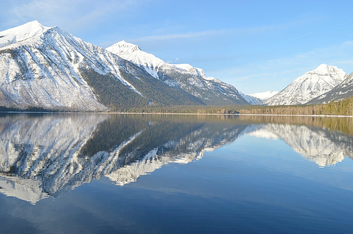 Lake mcdonald, landskap, reflektion, vatten, bergen, Glaciärnationalpark, Montana