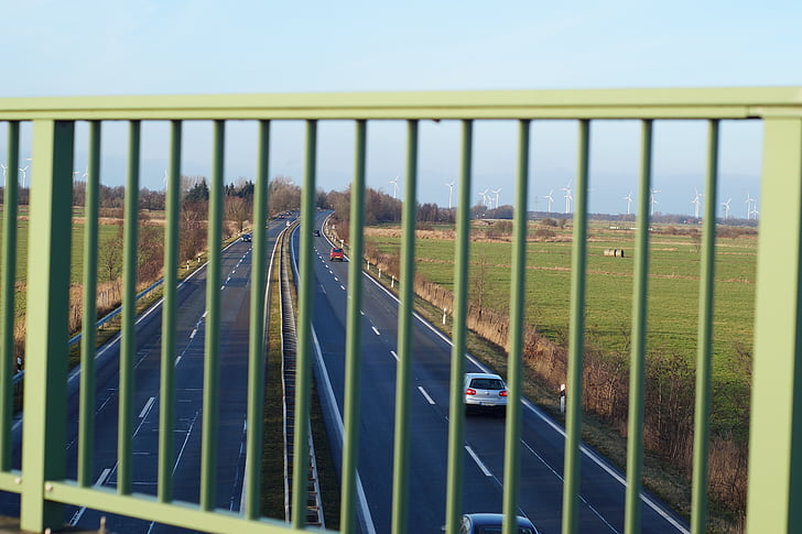 highway bridge, railing, autos, roadways
