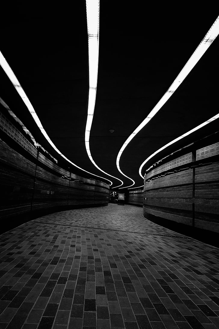 grayscale, fotografi, kereta bawah tanah, hitam dan putih, gelap, terowongan, dinding