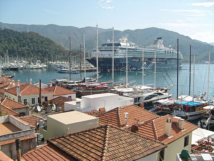 Cruise, výletná loď, Dovolenka, Grécko, Stredomorská, strechy, z vyššie uvedeného