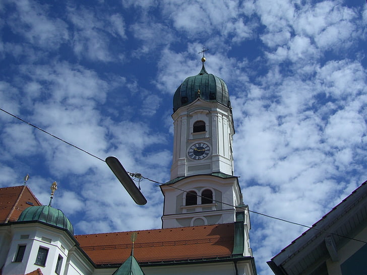 church, steeple, tower hood, sky, clouds, nesselwang