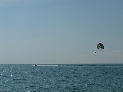 parasailing, controllable parachuting, parachute, boot, drag, fly, bird's eye view