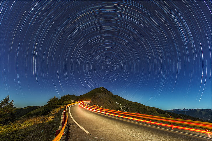 timelapse, photography, road, mountain, mountains, night, evening