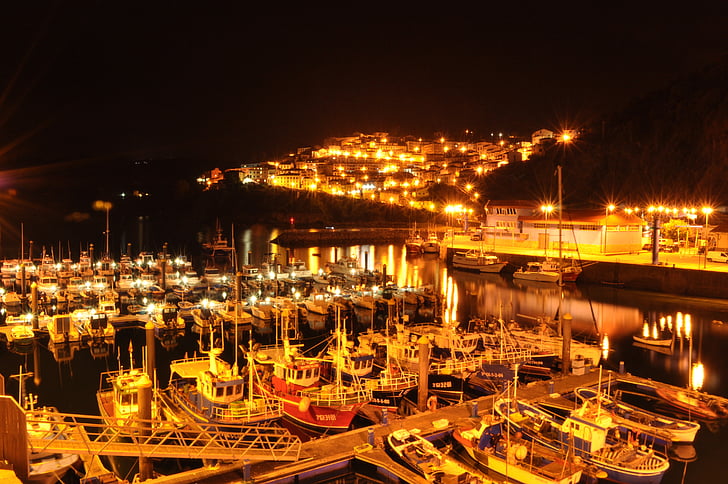 noapte, mare, port, balasturi, Asturias, port, navă marine
