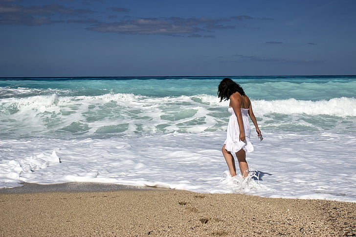 woman, white, dress, seashore, daytime, beach, beauty