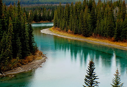 ainava, Bow river, Alberta, Kanāda, Banff national park, pārdomas, ūdens