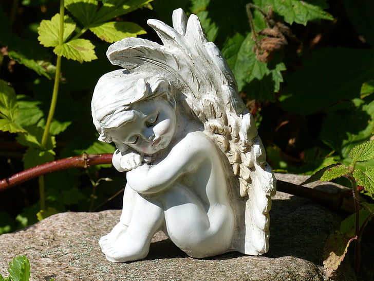 angel, wings, garden, leaf, stone, summer, statue