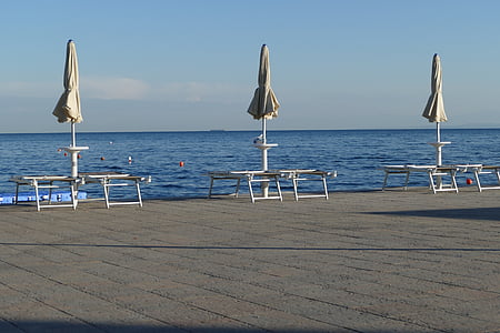 bank, sea, holiday, travel, adriatic sea, early morning, parasols