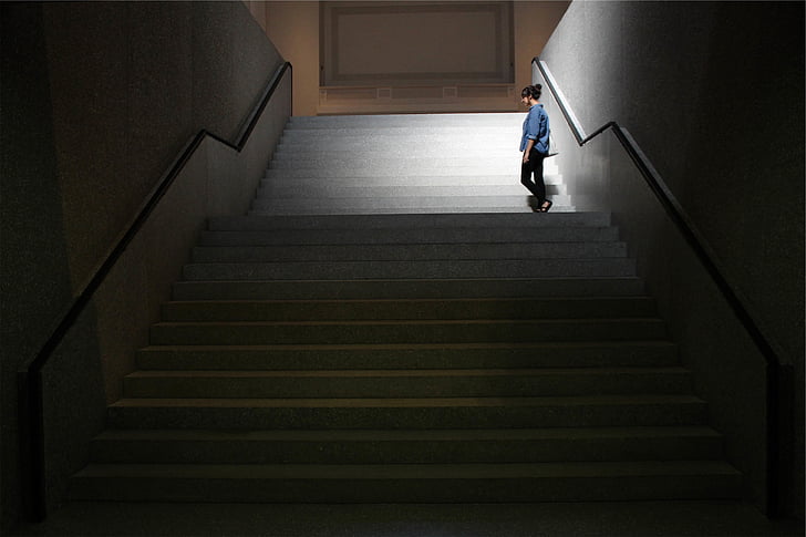 woman, blue, dress, shirt, standing, stair, steps