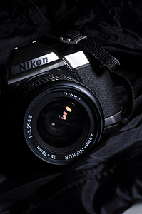 kamera, Nikon, melna, balta, fotogrāfija, fotogrāfs, aizslēgs