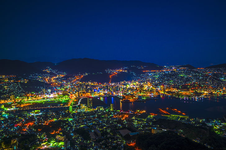 vaizdas naktį, Nagasakis, Japonija, Kiūšiū, miesto peizažas, šviesos, pasaulyje trijų pagrindinių naktį Rodyti