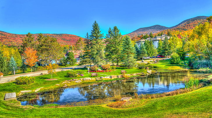 Vermont, Stowe, follaje, caída, otoño, estanque, reflexión