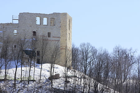Kazimierz dolny, torony, téli, Blizzard, hó, építészet, Lubelskie