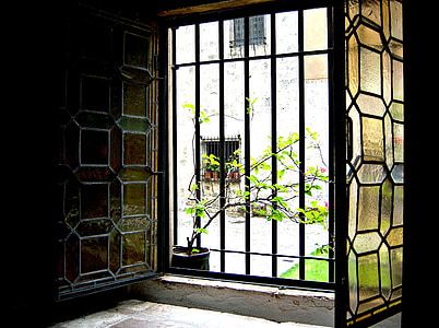fenêtre de, verre souillé, ouvrir, lumière, architecture, conception, intérieur
