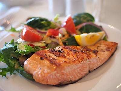 salmon, dish, food, meal, fish, seafood, plate