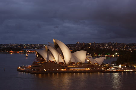 Sydney opera house, noční, přístav, město, orientační bod, voda, Architektura