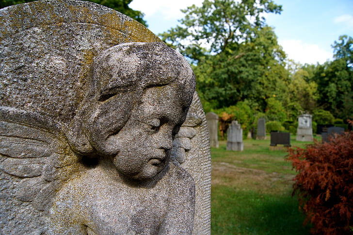 Cementerio, de luto, Ángel, Ver, cara, piedra, triste