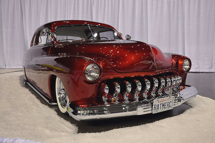 Oldtimer, bil, fordon, Mercury 1950, 1950, röd, Chrome