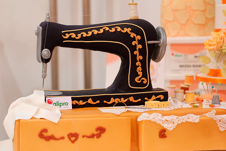 sewing machine, pie art, marzipan, decor, sew, art, craft