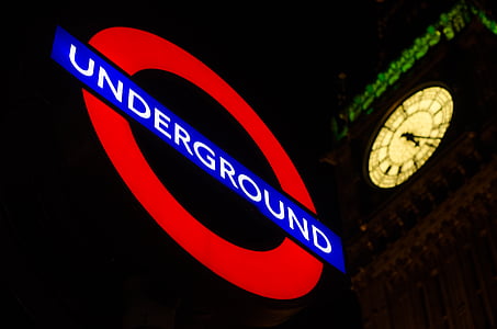 město, hodiny, Anglie, ikona, Londýn, stanice metra, noční