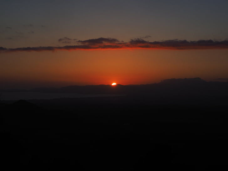 coucher de soleil, disque solaire, boule de feu, Dim, heure du soir, vue, montagnes