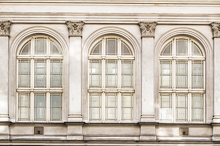 Blanco, hormigón, edificio, tres, ventana, paneles, Windows