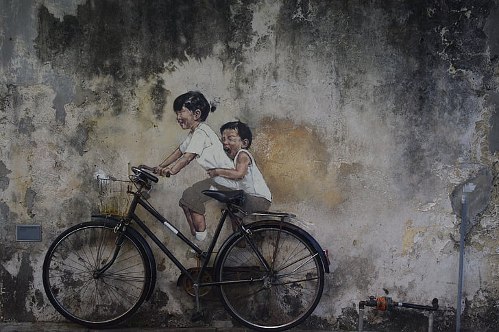 gatekunst, Penang, Asia, Malaysia, folk, sykkel, kvinner