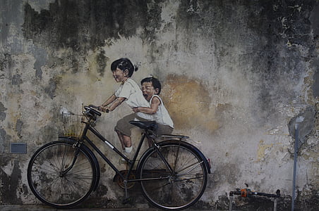 straatkunst, Penang, Azië, Maleisië, mensen, fiets, vrouwen