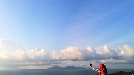 selfie, happy, clouds, sky, cloud - sky, one person, outdoors