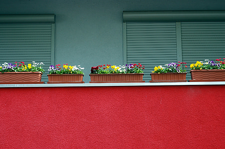 city, house, balcony, modern building, red, flowers, flower boxes